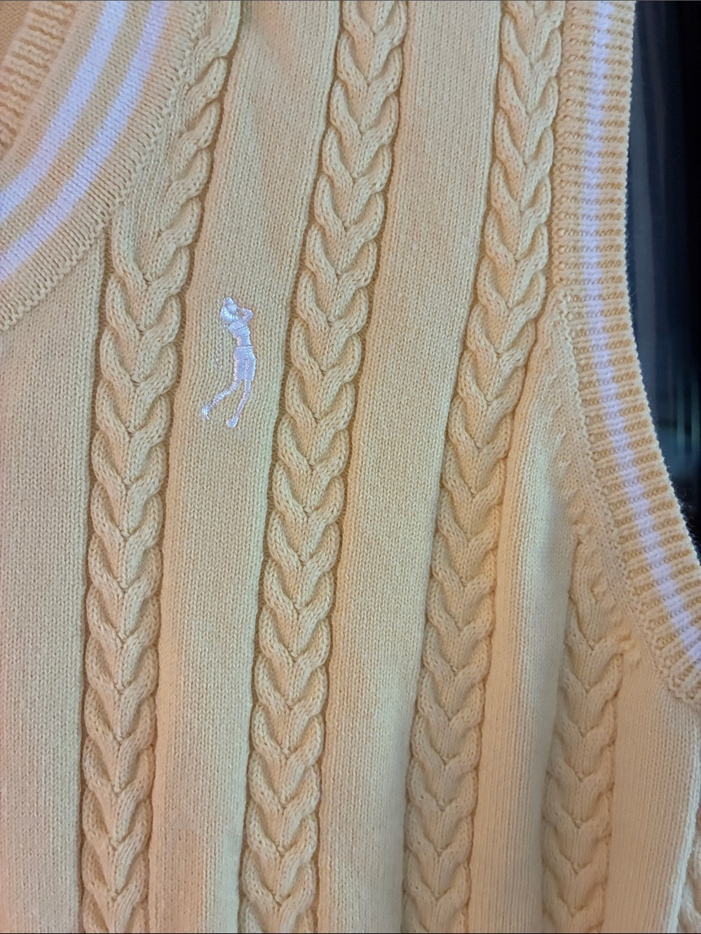 Izod Yellow Cable-Knit V-Neck Sweater Vest with White Trim - Picture 3 of 7